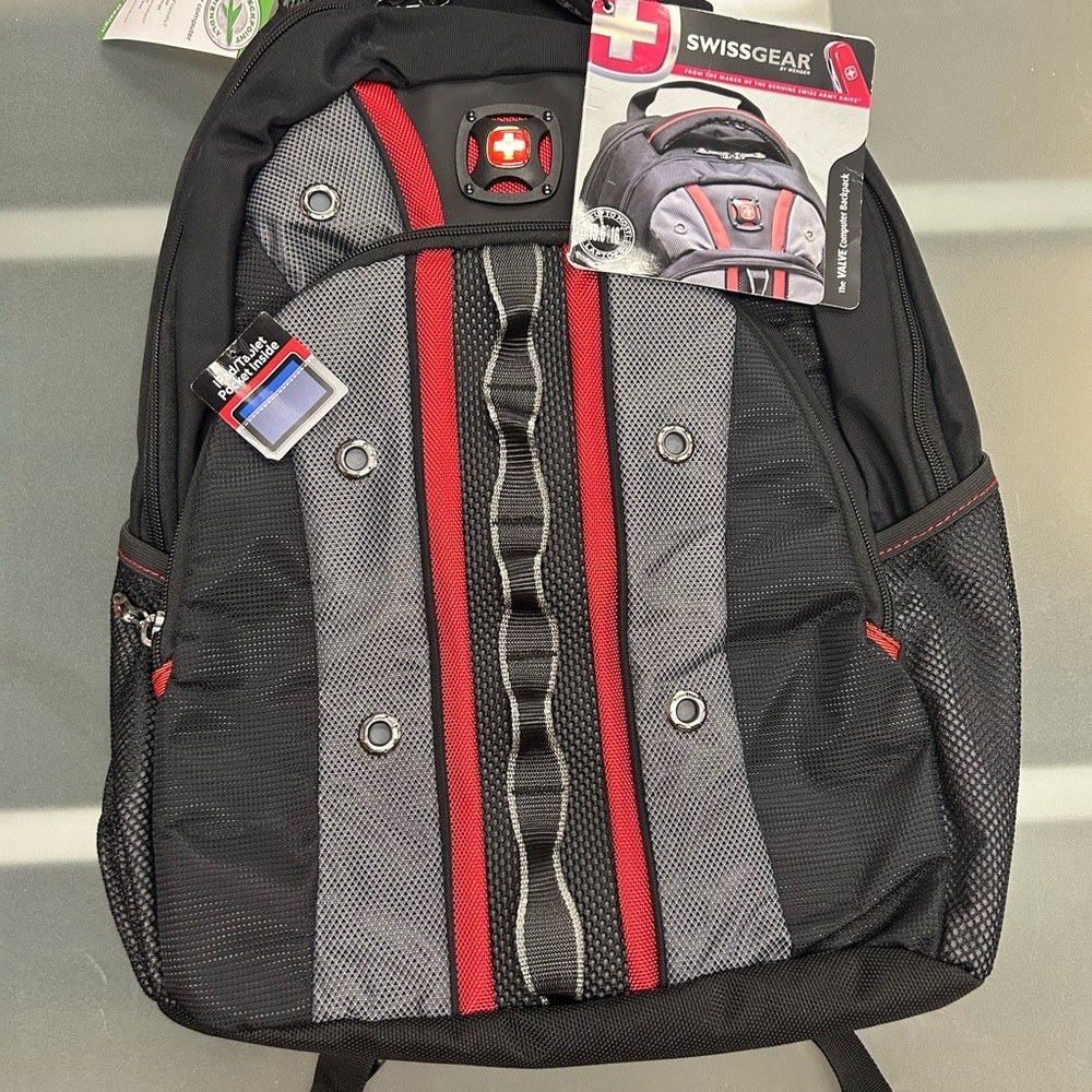 SwissGear Black and Red Sporty Backpack with Modern Design